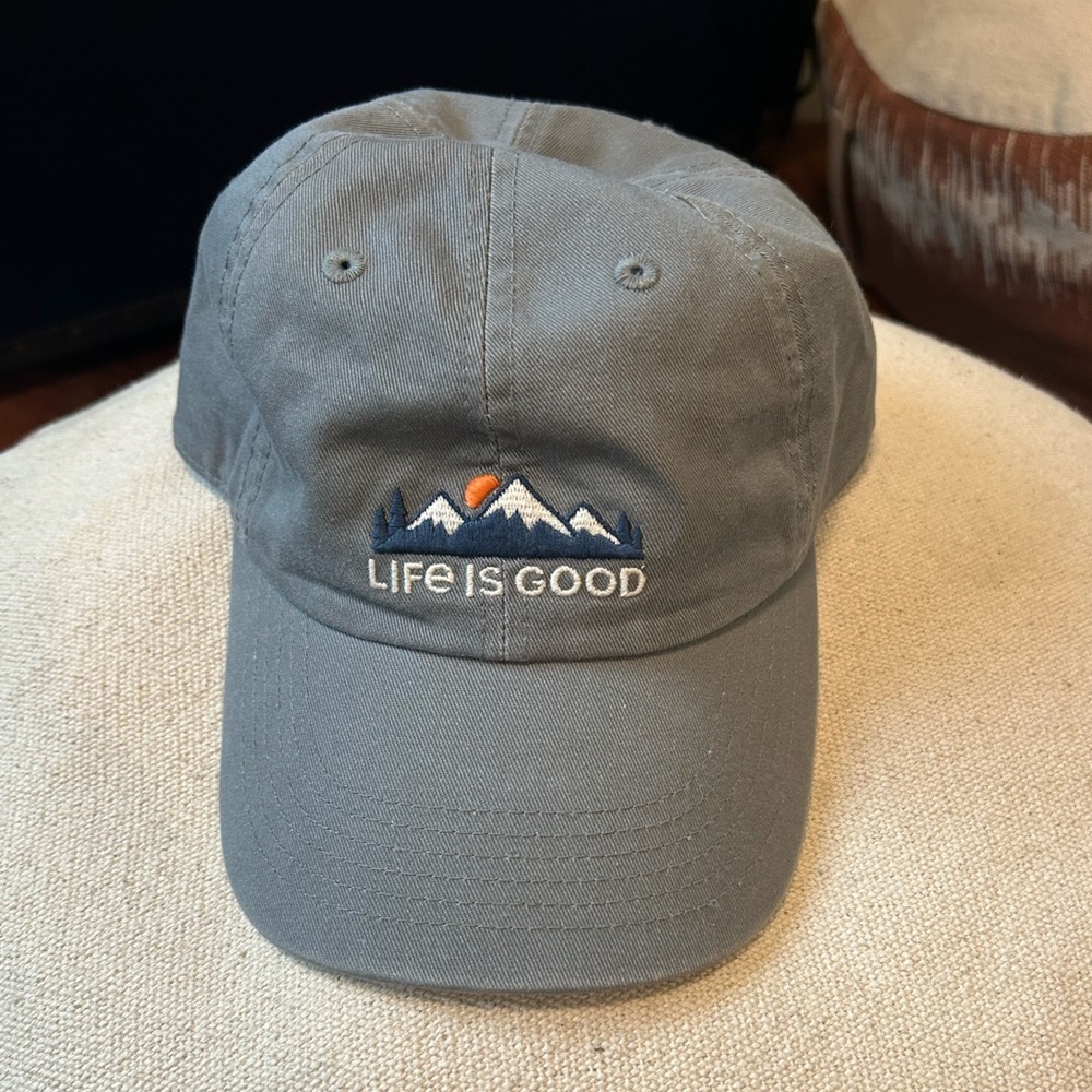 Life Is Good Mountain Embroidered Gray Hat